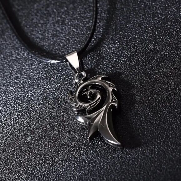 Men's Dragon Flame Necklace Pendant Wings Gothic Silvertone Black Cord Chain New - Picture 3 of 5